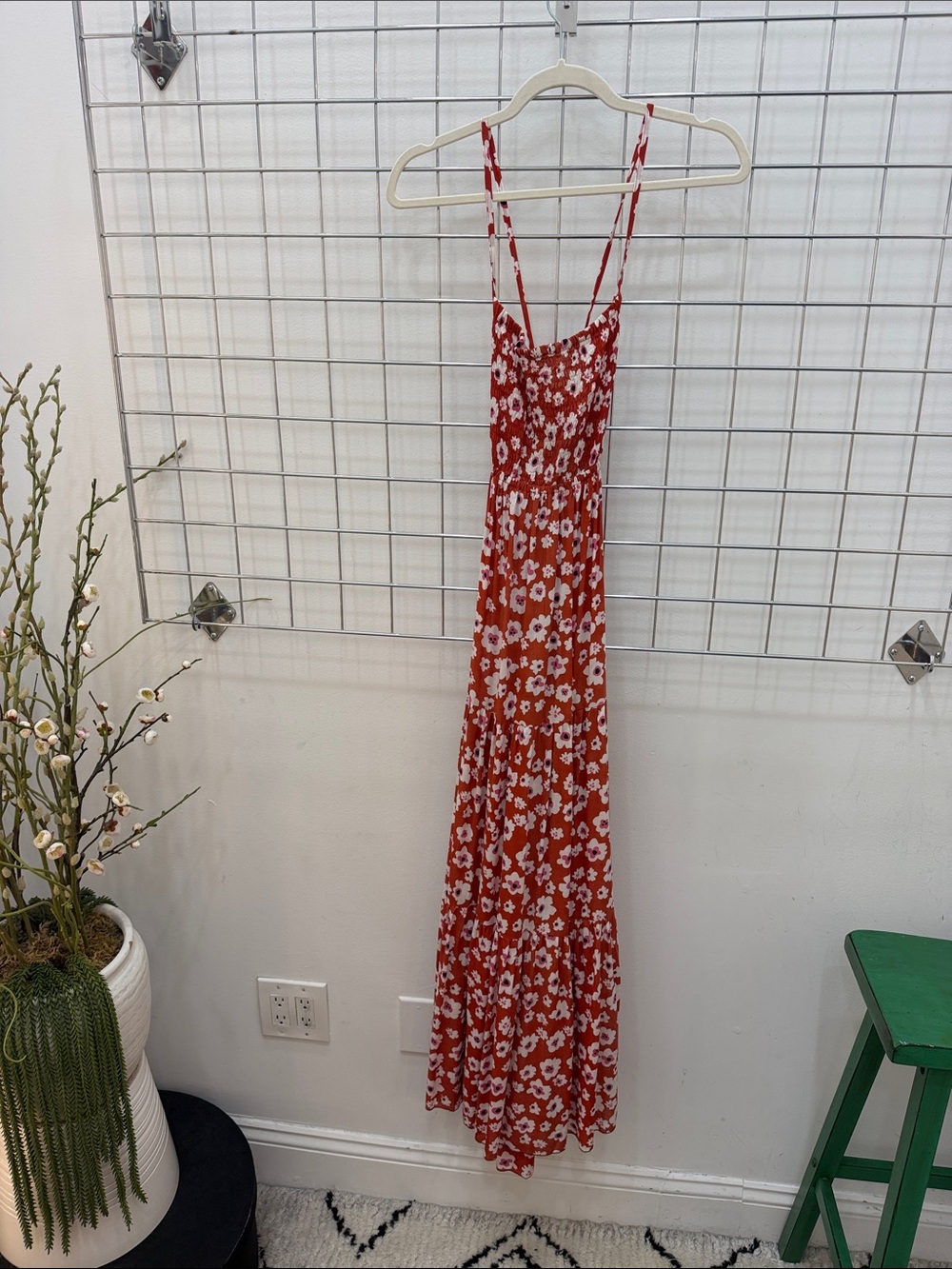 Women's Burnt Orange Floral Maxi Dress with Spaghetti Straps